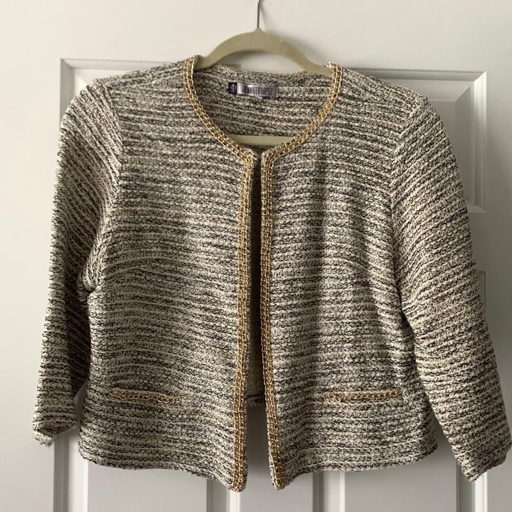 Jennifer Lopez boucle cropped blazer with chain detail